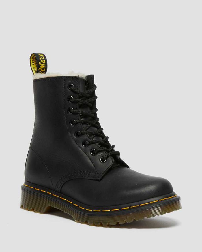 Dr Martens Womens 1460 Faux Fur Lined Lace Up Ankle Boots Black - 71053LPUS